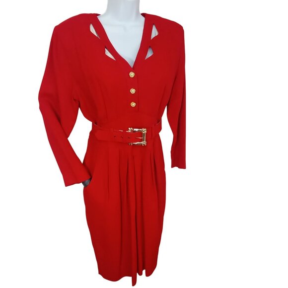 Vintage '80s Nina Piccalino Dress Power Shoulder Cut-outs Pockets Pleats (M/8) - Picture 1 of 15